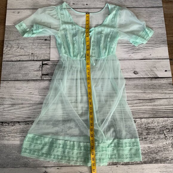 Vintage 1960s Movie Star Mint Chiffon Babydoll Peignoir Robe Short Dressing Gown - Picture 14 of 16